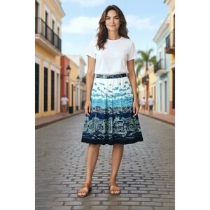 Talbots Size 10 Full Pleated Skirt Blue Venice Italy City Scene Gondola Pleat